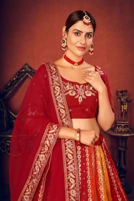 Captivating Red, Orange and Yellow Thread with Sequins embroidered art Silk Lehenga choli 2
