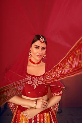 Captivating Red, Orange and Yellow Thread with Sequins embroidered art Silk Lehenga choli 3