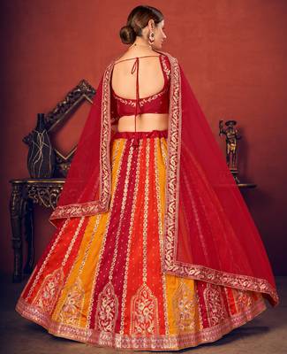 Captivating Red, Orange and Yellow Thread with Sequins embroidered art Silk Lehenga choli 4