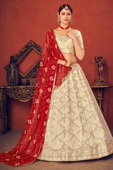Beige Thread with Sequins embroidered art silk semi stitched lehenga