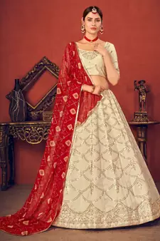 Beige Thread with Sequins embroidered art silk semi stitched lehenga