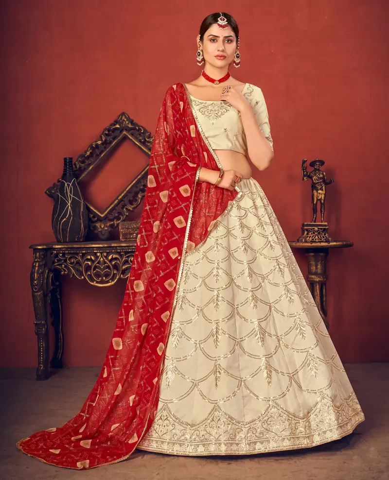 Beige Thread with Sequins embroidered art silk semi stitched lehenga