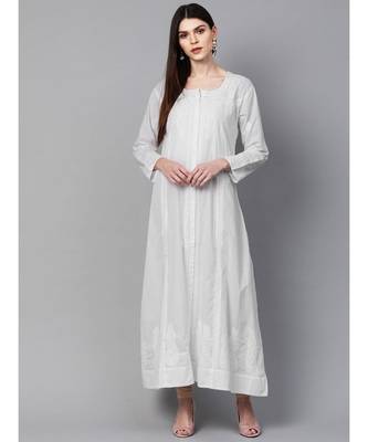 Hand Embroidered White Cotton A-Line Lucknowi Chikan Women Kurta 1