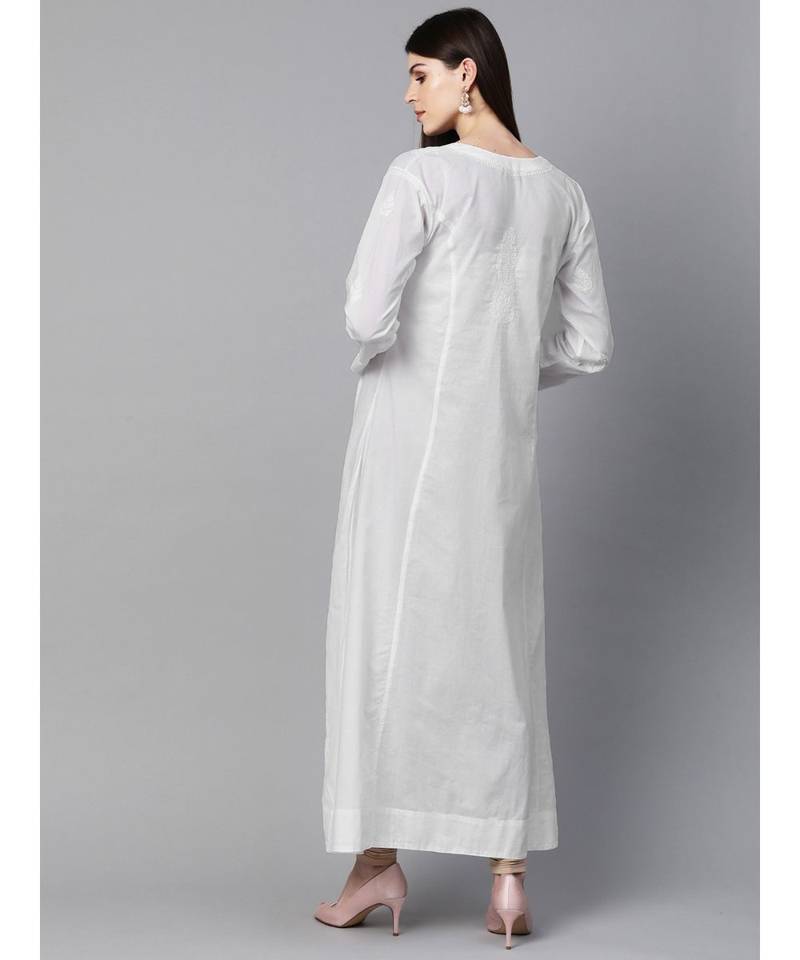 Hand Embroidered White Cotton A-Line Lucknowi Chikan Women Kurta