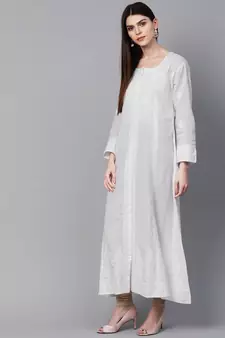Hand Embroidered White Cotton A-Line Lucknowi Chikan Women Kurta