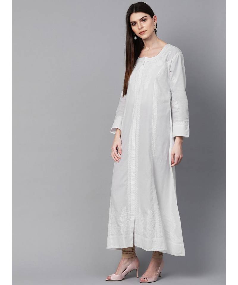 Hand Embroidered White Cotton A-Line Lucknowi Chikan Women Kurta