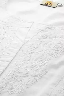 Hand Embroidered White Cotton A-Line Lucknowi Chikan Women Kurta