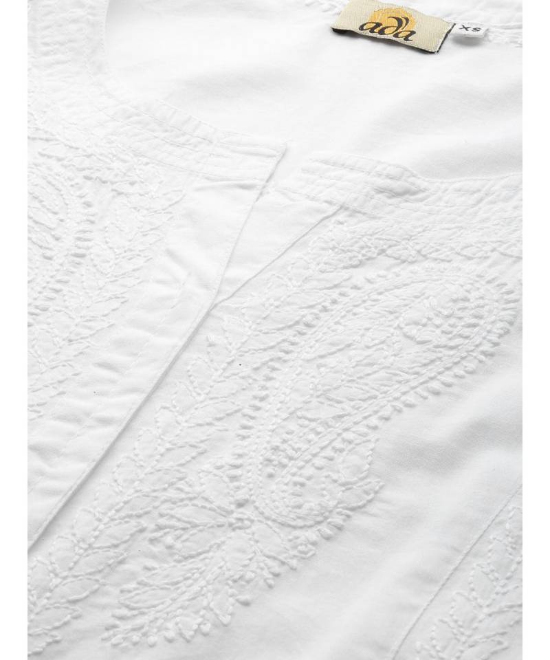Hand Embroidered White Cotton A-Line Lucknowi Chikan Women Kurta
