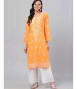 Hand Embroidered Mustard Cotton Lucknow Chikan Women Kurta