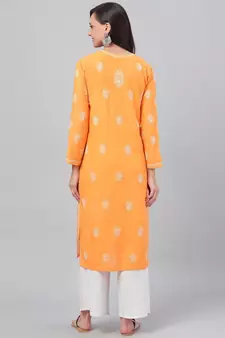 Hand Embroidered Mustard Cotton Lucknow Chikan Women Kurta