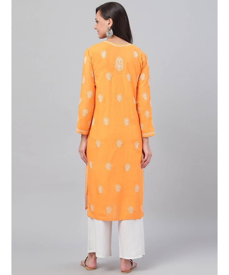 Hand Embroidered Mustard Cotton Lucknow Chikan Women Kurta