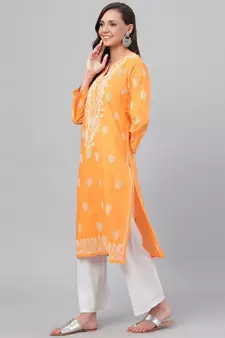 Hand Embroidered Mustard Cotton Lucknow Chikan Women Kurta