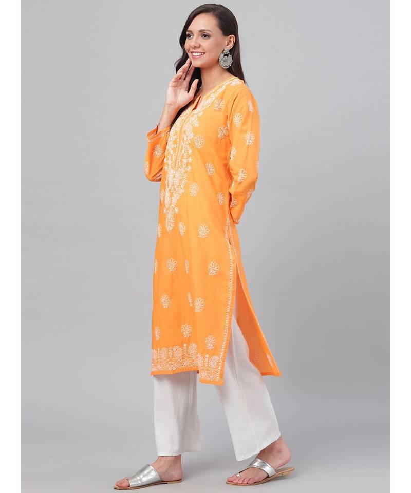 Hand Embroidered Mustard Cotton Lucknow Chikan Women Kurta