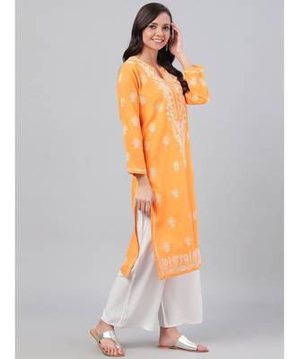 Hand Embroidered Mustard Cotton Lucknow Chikan Women Kurta 4