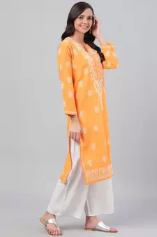 Hand Embroidered Mustard Cotton Lucknow Chikan Women Kurta