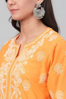 Hand Embroidered Mustard Cotton Lucknow Chikan Women Kurta
