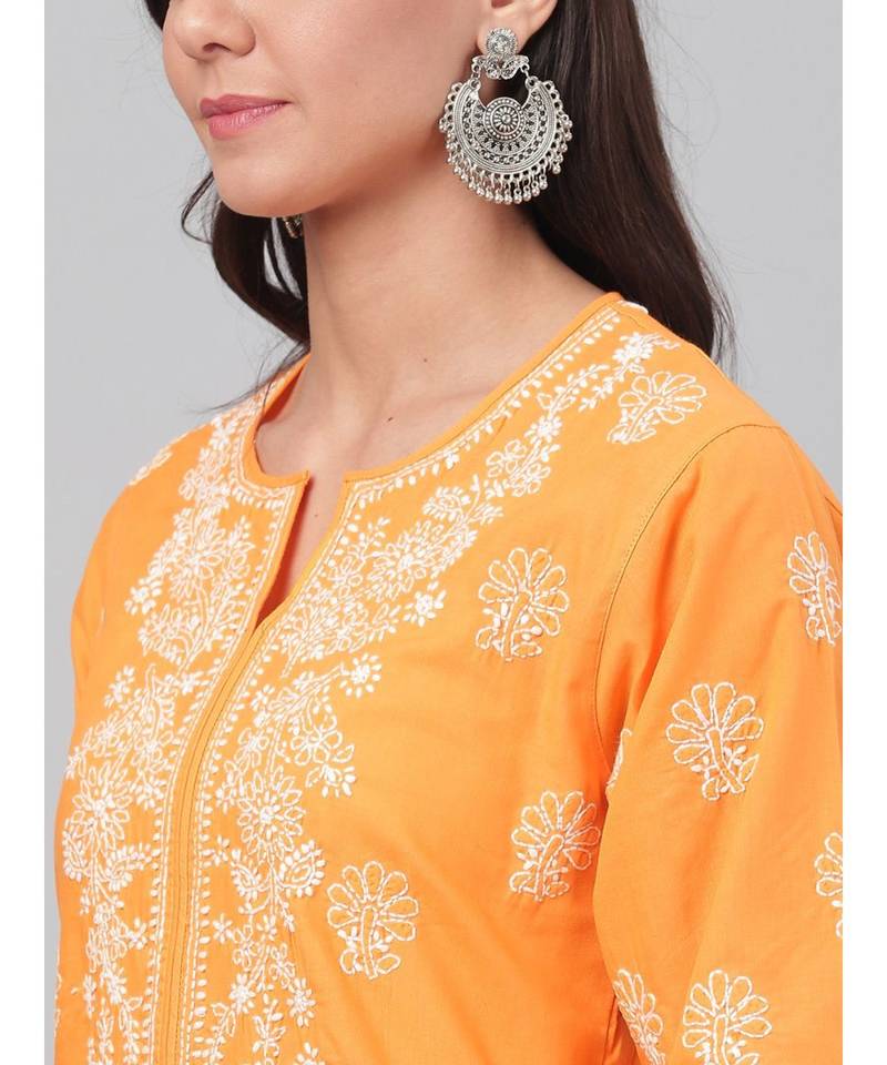 Hand Embroidered Mustard Cotton Lucknow Chikan Women Kurta