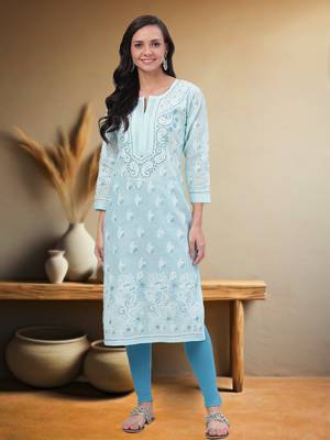 Hand Embroidered Blue Cotton Lucknow Chikankari Women Kurta 1