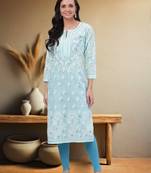 Hand Embroidered Blue Cotton Lucknow Chikankari Women Kurta