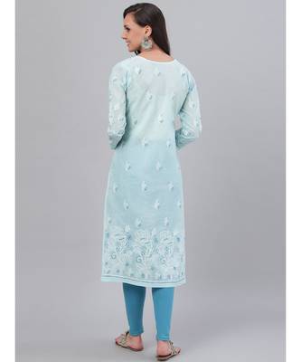 Hand Embroidered Blue Cotton Lucknow Chikankari Women Kurta 2
