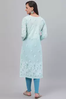 Hand Embroidered Blue Cotton Lucknow Chikankari Women Kurta