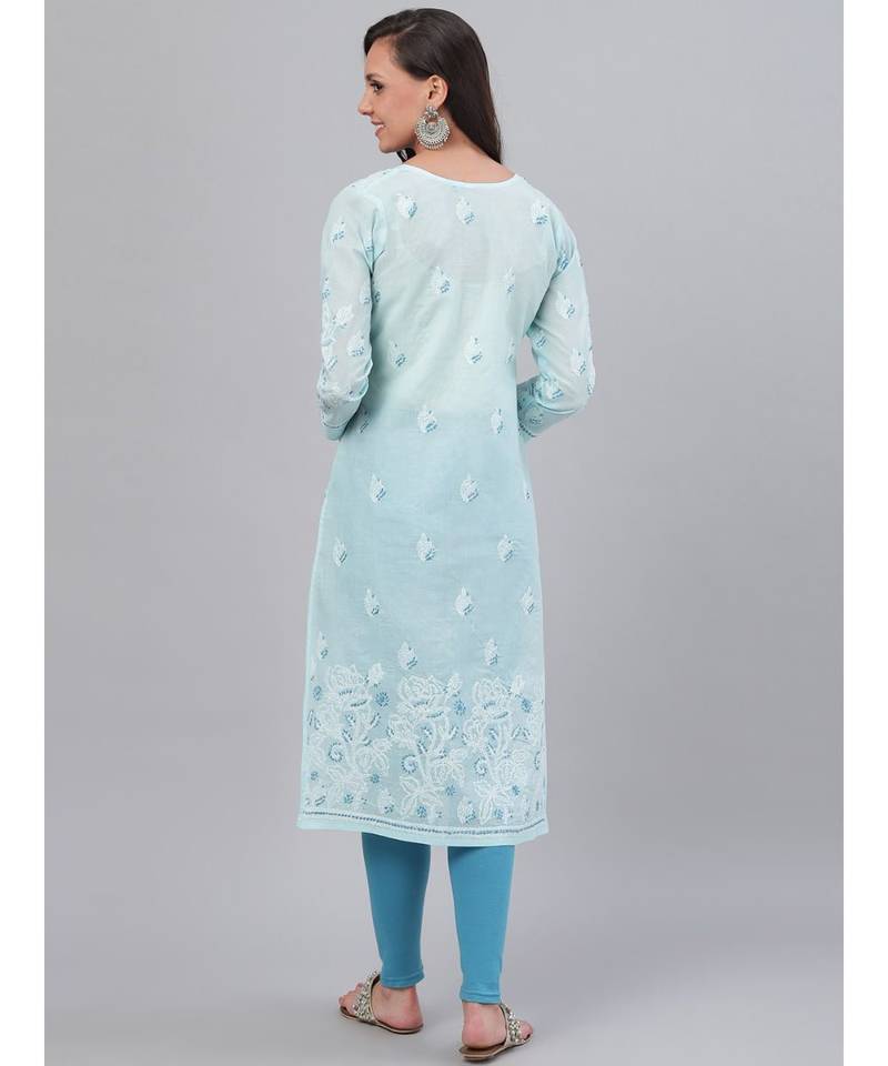 Hand Embroidered Blue Cotton Lucknow Chikankari Women Kurta
