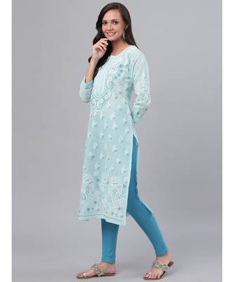 Hand Embroidered Blue Cotton Lucknow Chikankari Women Kurta 3