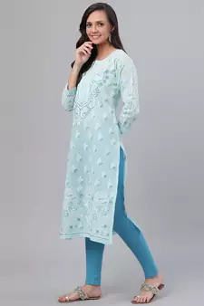 Hand Embroidered Blue Cotton Lucknow Chikankari Women Kurta