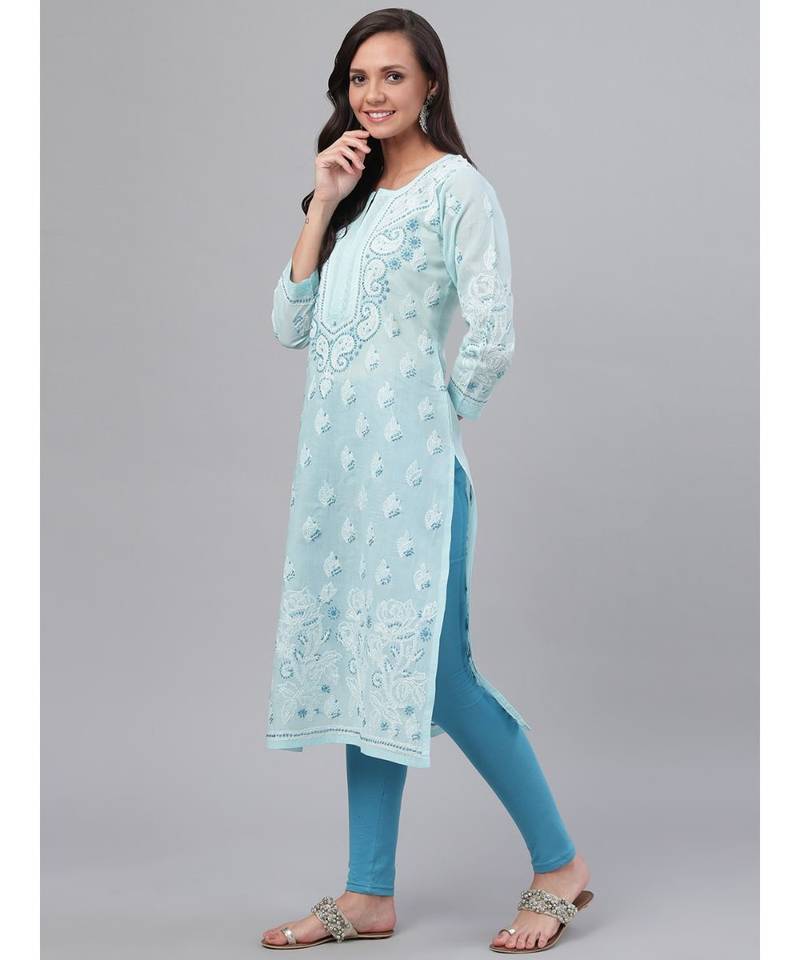 Hand Embroidered Blue Cotton Lucknow Chikankari Women Kurta