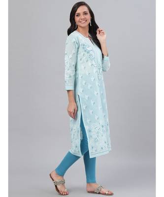 Hand Embroidered Blue Cotton Lucknow Chikankari Women Kurta 4