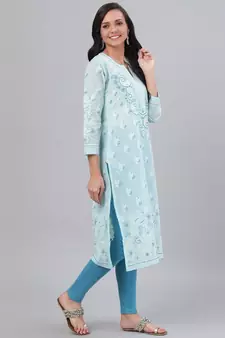 Hand Embroidered Blue Cotton Lucknow Chikankari Women Kurta