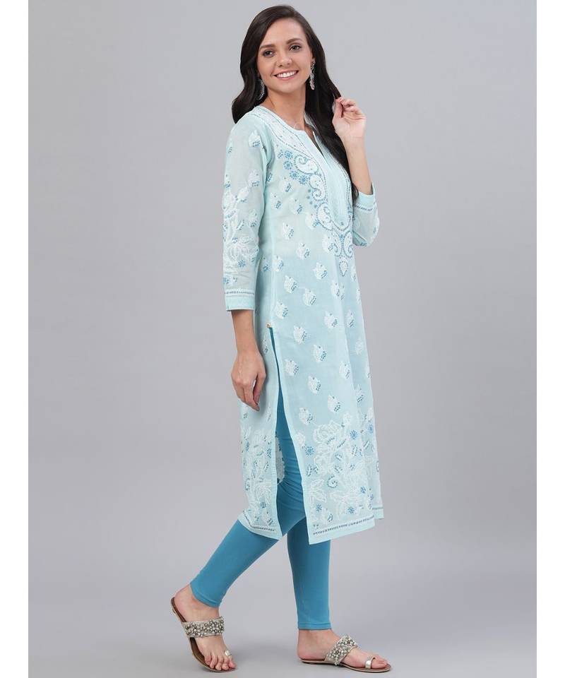 Hand Embroidered Blue Cotton Lucknow Chikankari Women Kurta
