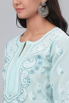 Hand Embroidered Blue Cotton Lucknow Chikankari Women Kurta