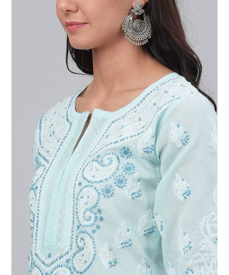 Hand Embroidered Blue Cotton Lucknow Chikankari Women Kurta