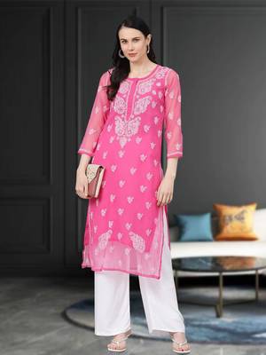 Ada Hand Embroidered Onion Pink Faux Georgette Lucknow Chikan Women Kurta With Slip - A411159 1