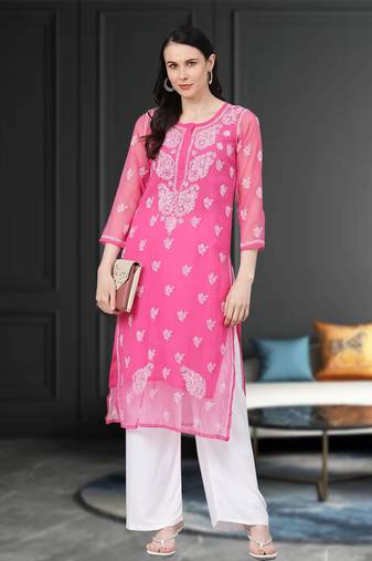 Ada Hand Embroidered Onion Pink Faux Georgette Lucknow Chikan Women Kurta With Slip - A411159
