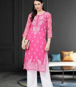 Ada Hand Embroidered Onion Pink Faux Georgette Lucknow Chikan Women Kurta With Slip - A411159