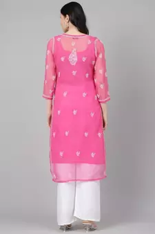 Ada Hand Embroidered Onion Pink Faux Georgette Lucknow Chikan Women Kurta With Slip - A411159
