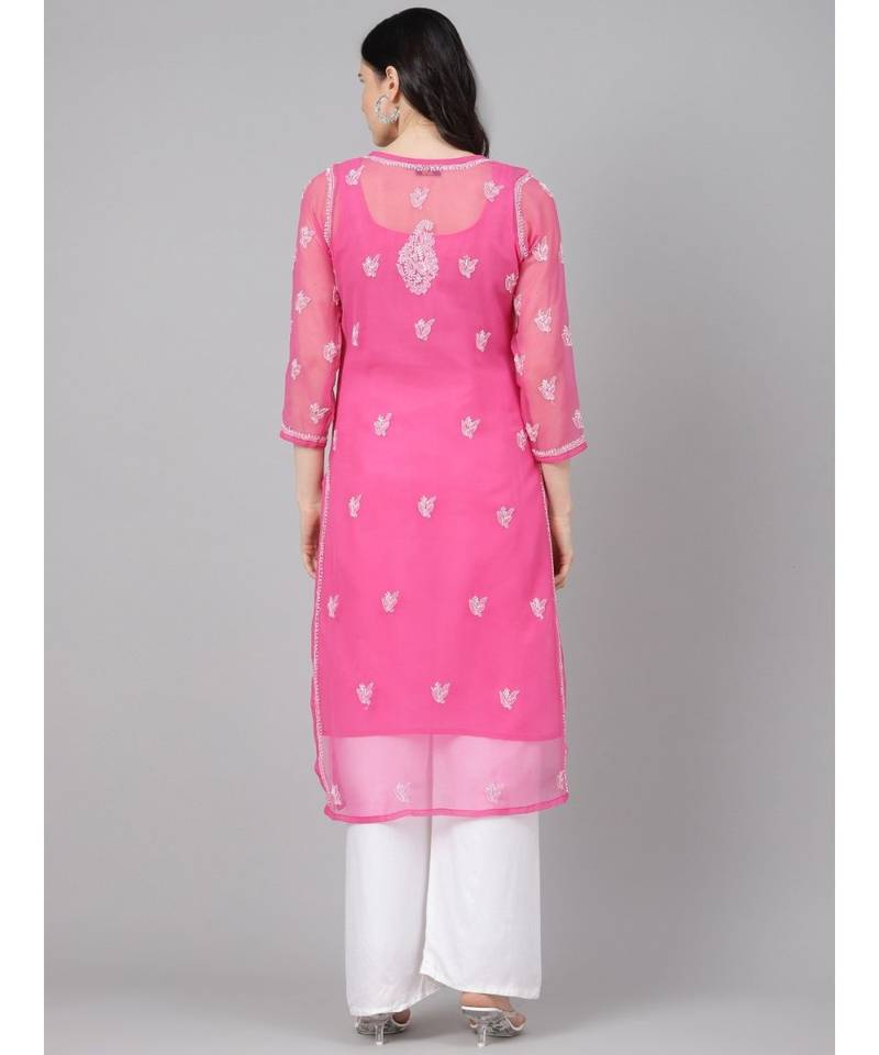 Ada Hand Embroidered Onion Pink Faux Georgette Lucknow Chikan Women Kurta With Slip - A411159