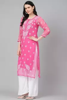 Ada Hand Embroidered Onion Pink Faux Georgette Lucknow Chikan Women Kurta With Slip - A411159