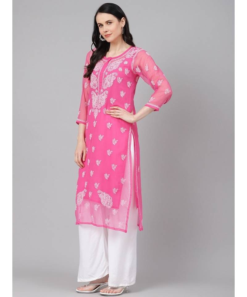 Ada Hand Embroidered Onion Pink Faux Georgette Lucknow Chikan Women Kurta With Slip - A411159