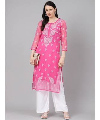Ada Hand Embroidered Onion Pink Faux Georgette Lucknow Chikan Women Kurta With Slip - A411159 4