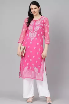 Ada Hand Embroidered Onion Pink Faux Georgette Lucknow Chikan Women Kurta With Slip - A411159