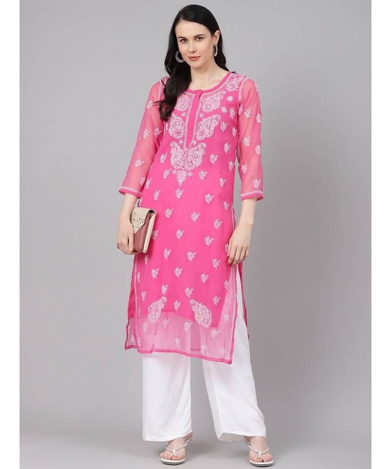 Ada Hand Embroidered Onion Pink Faux Georgette Lucknow Chikan Women Kurta With Slip - A411159