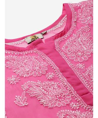 Ada Hand Embroidered Onion Pink Faux Georgette Lucknow Chikan Women Kurta With Slip - A411159 5