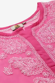 Ada Hand Embroidered Onion Pink Faux Georgette Lucknow Chikan Women Kurta With Slip - A411159