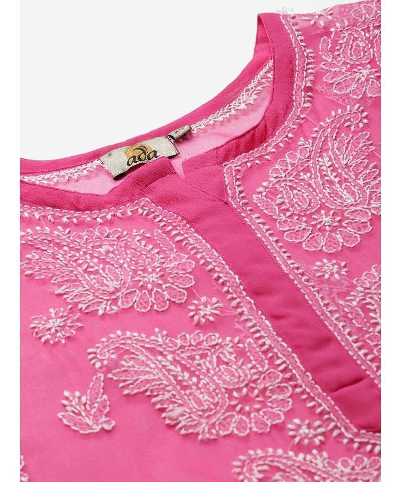 Ada Hand Embroidered Onion Pink Faux Georgette Lucknow Chikan Women Kurta With Slip - A411159