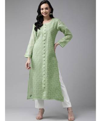 Ada Hand Embroidered Green Cotton Lucknow Chikan Kurta - A411246 1