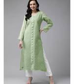 Ada Hand Embroidered Green Cotton Lucknow Chikan Kurta - A411246