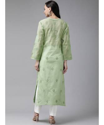 Ada Hand Embroidered Green Cotton Lucknow Chikan Kurta - A411246 2